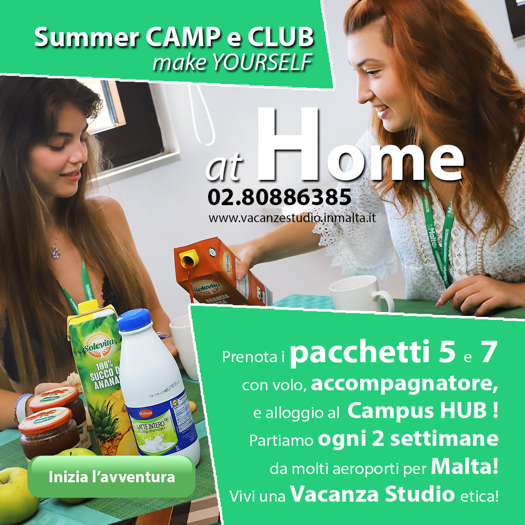 Summer Camp e Club. Make yourself at Home. Prenota i pacchetti 5 e 7 con volo, accompagnatore e alloggio al al Campus HUB! Partiamo ogni 2 settimane da molti aeroporti. Vivi una vacanza studio etica!